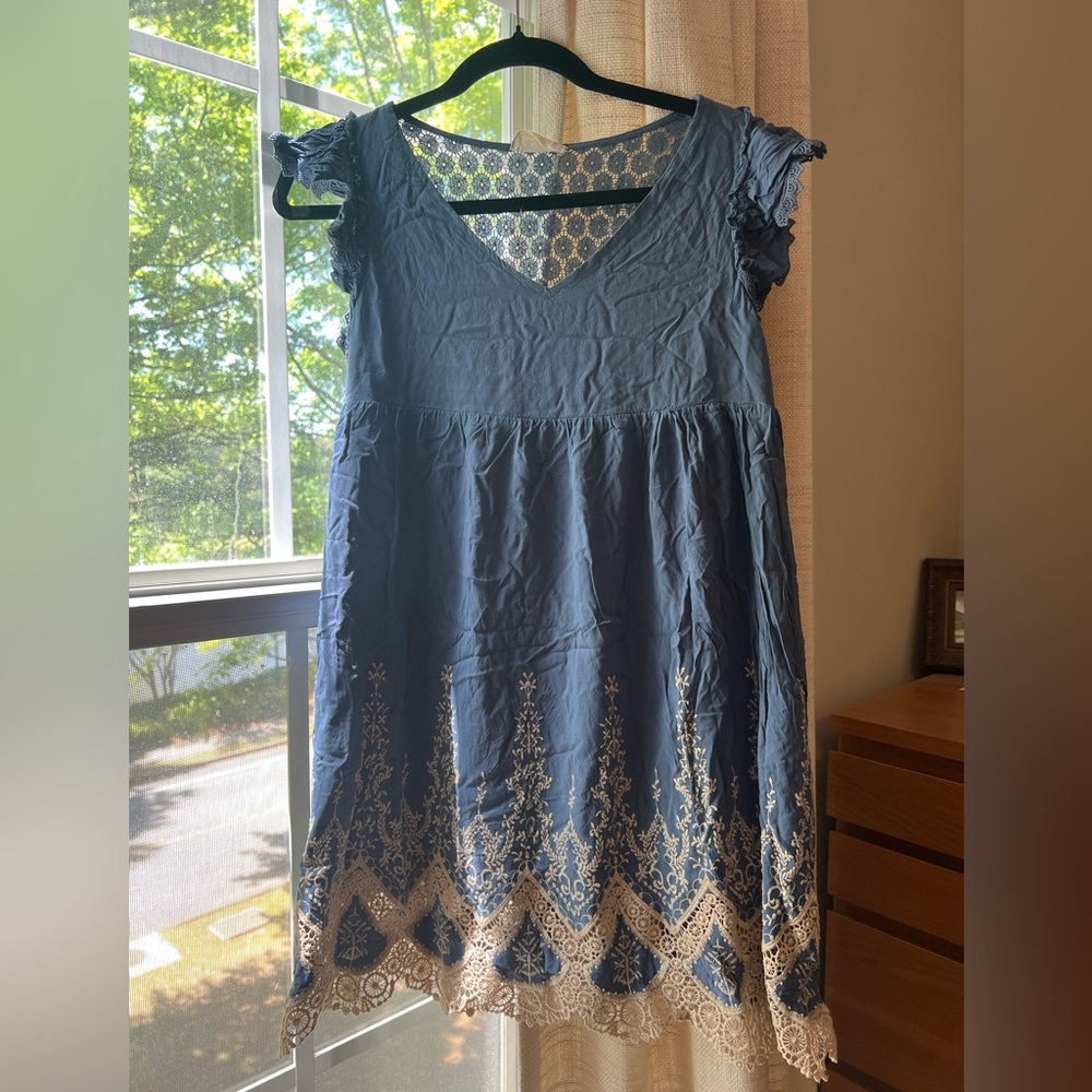 Altar'd State Blue Embroidered V-Neck Mini Dress